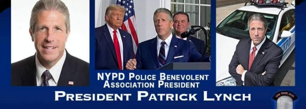 NYPD Police Benevolent Association President Patrick Lynch. 3 images of Patrick Lynch on the graphic.