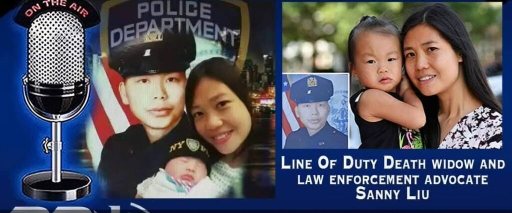 Line of duty death widow and law enforcement advocate Sanny Liu. 2 images of Sanny, her husband and their daughter.